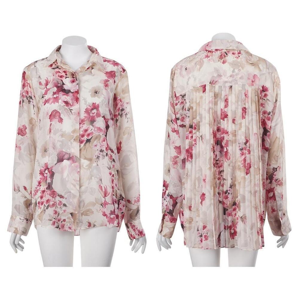 CHAPS Top L Floral Sheer Flowy Button Up Long Sleeve Pleated Romantic Blouse